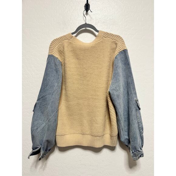 Denim Sleeve Knit 4 Gold Button V Neck  Cardigan One Size Stretchy - Picture 3 of 4